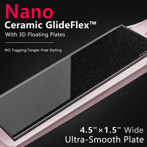 Vista 3 de Plancha de cerámica con placa flotante 3D, plancha de pelo con 15 temperaturas para cabello grueso, mango ergonómico de silicona, pantalla LCD, Rosa
