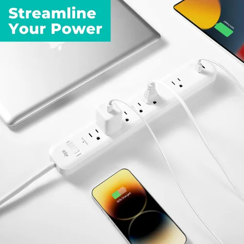 Vista 4 de KMC Regleta de alimentación con protector de sobretensiones de 6 tomas, 1 puerto USB-A y 1 puerto USB-C, protectores de sobretensiones