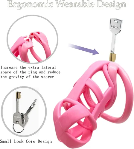 Vista 4 de Dispositivos de jaula de castidad masculina, nueva jaula ergonómica ligera para pene de hombre, jaula de bloqueo de casidad rosa con anillos de 4