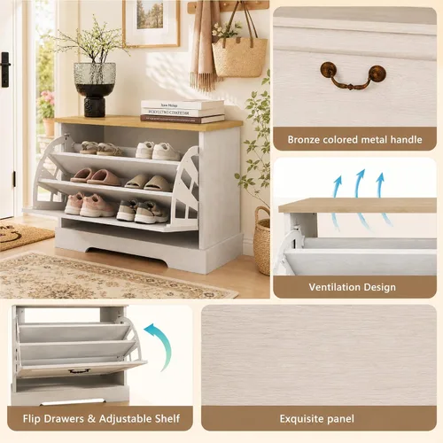 Vista 5 de RASOO Zapatero con cajón abatible para niños, organizador de zapatos de 3 niveles con 2 estantes ajustables, banco oculto para zapatos que ahorra
