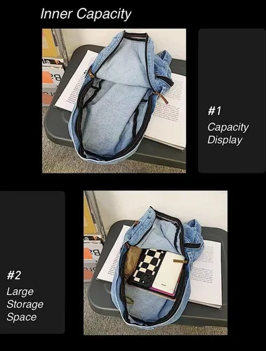 Vista 6 de Mochila de mezclilla para mujeres y hombres, mochila vintage estilo grunge, mochila para computadora portátil, mochila retro para viajes y trabajo