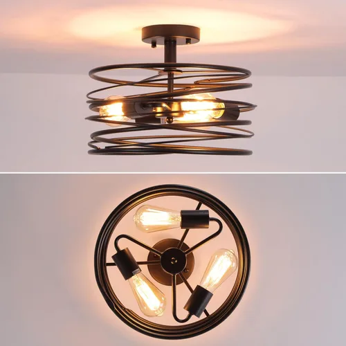 Vista 2 de Lámpara de techo de 3 luces rústica en forma de tambor, lámpara colgante semiempotrada negra, candelabros de granja retro de metal tipo jaula
