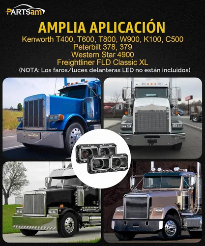 Vista 6 de Base de carcasa de faro PARTSam con enchufes H4, arneses de cableado, bisel de acero inoxidable de repuesto para Kenworth T600 T800 W900, Peterbilt