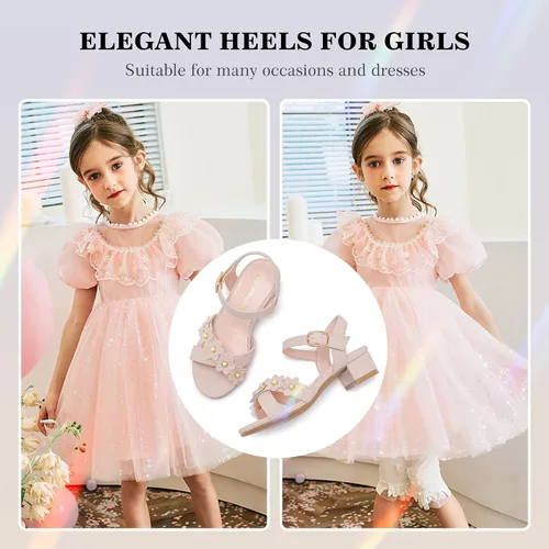 Vista 6 de LAURMOSA Sandalias para niñas, tacones para niños, puntera abierta, correa al tobillo, zapatos de vestir, flores para boda, fiesta para niños