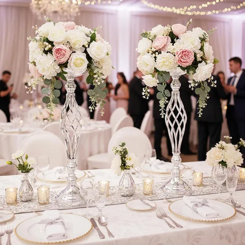 Vista 29 de 2 piezas de centros de mesa de boda para mesas de recepción, soportes de velas retorcidas, adornos, centros de mesa de metal con jarrón de flores