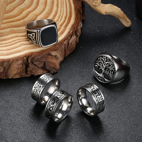 Vista 6 de Sanfenly Juego de 5 anillos de acero inoxidable para hombre, sello griego, pulgar, plata, retro, talla celta, anillos de banda celta, vintage