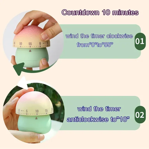 Vista 3 de Temporizador mecánico de cocina, lindo temporizador de hongos para niños, temporizador manual de cuenta regresiva de 60 minutos para aula, hogar