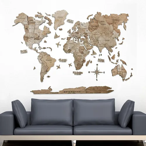 Vista 5 de AWESOMETIK TERRA - Mapa del mundo de madera 3D, mapa del mundo de fácil instalación con cinta de doble cara, incluye complementos, madera