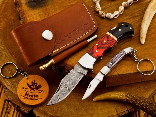 Vista 10 de AR Damascus - Cuchillo plegable de bolsillo hecho a mano para supervivencia al aire libre, hecho de mango de madera y acero de Damasco, junto