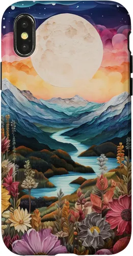 Vista 5 de Boho Chic Floral Moon Mountain Landscape Cute Pastel Design Case for iPhone 17