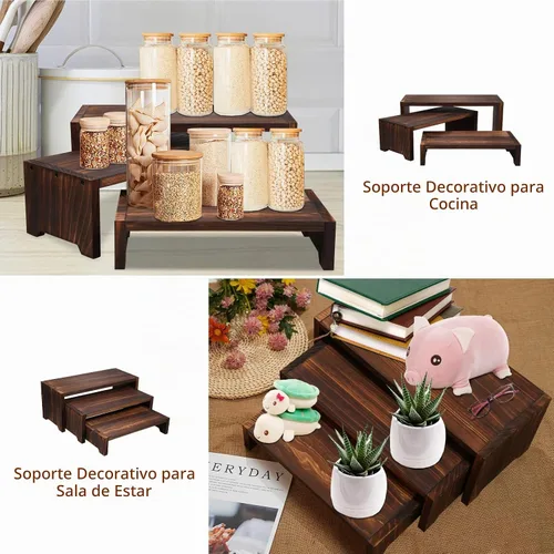 Vista 6 de Soporte de madera para cupcakes de 3 niveles y elevadores de exhibición, para postres de comida y más, resistente y reutilizable Marrón