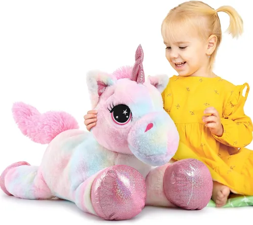 Vista 10 de Muiteiur Animal de peluche de unicornio de 31.6 pulgadas, unicornio de peluche grande para niñas, almohada de felpa suave, regalos para niñas y Azul