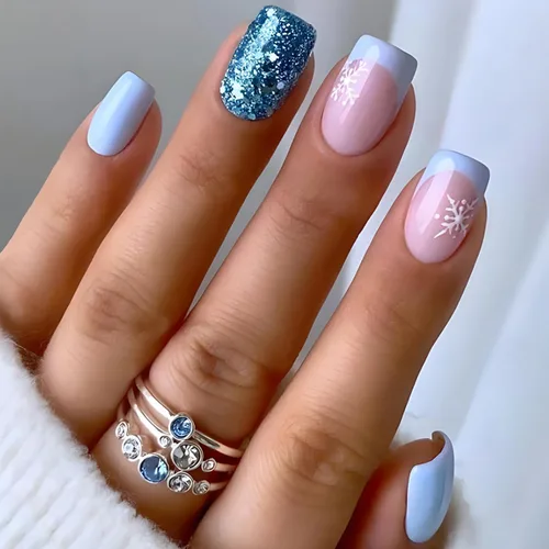 Vista 12 de Uñas postizas a presión con copos de nieve, uñas postizas cuadradas cortas de Navidad, uñas acrílicas negras con purpurina, kit de uñas postizas