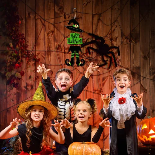 Vista 7 de Yerliker Decoración de letrero de Halloween con patas de bruja, sombrero de madera para colgar, decoración de pared de madera, versión rústica