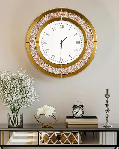 Vista 4 de Reloj de pared de diamante triturado redondo decorativo con espejo de 24 pulgadas, color marrón