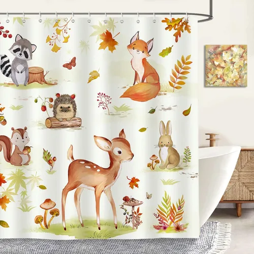 Vista 2 de Bonhause Cortina de ducha de otoño, diseño de zorro de ciervo, mapache, cortina de baño de animales otoñales, 72 x 72 pulgadas, cortina de baño