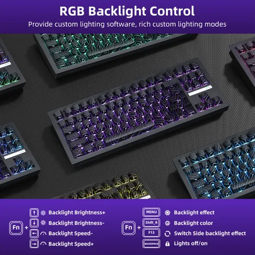 Vista 5 de ZORNHER ZH870 Teclado mecánico inalámbrico para juegos, 80% negro personalizado teclado de sonido cremoso con teclas topográficas negras iluminadas