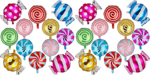 Vista 6 de Juego de globos de caramelo dulce con temática de remolino, helio, globos de aluminio de Mylar para fiesta, cumpleaños, suministros de decoración