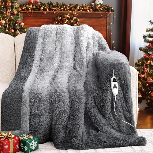 Vista 11 de Cobija eléctrica térmica, de felpa sintética con sherpa suave y gruesa, 10 niveles de calor, 5 configuraciones de tiempo con calentamiento rápido
