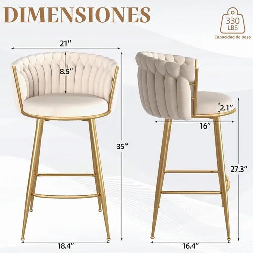 Vista 3 de ABET Taburetes de bar dorados juego de 2, taburetes de bar de terciopelo tejido a mano, taburetes de mostrador con altura del asiento de 68,6 cm