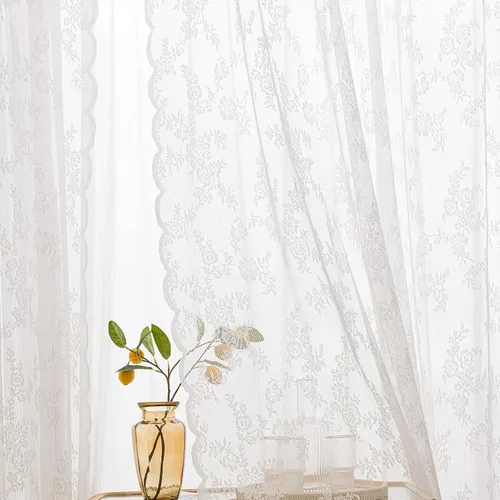 Vista 15 de Sutuo Home Juego de 2 cortinas de encaje beige, paneles transparentes de 63 pulgadas de largo, bordado floral de rosas, tratamiento de ventana