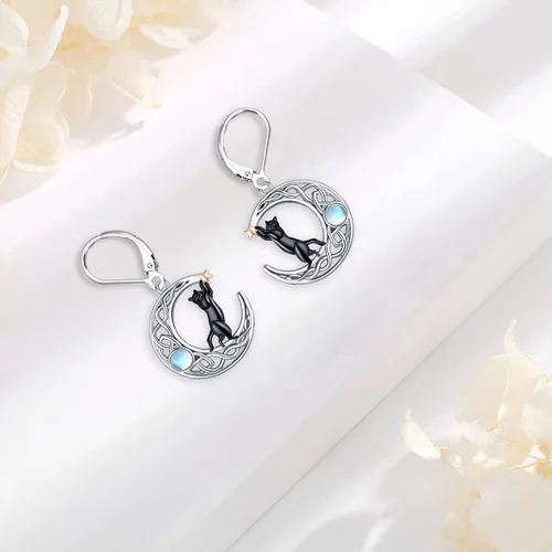 Vista 53 de Aretes colgantes de plata de ley con diseño de árbol de la vida, flor, abeja, animales, gato, colibrí, piedra lunar, turquesa, aretes con cierre