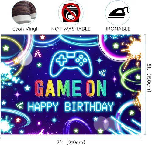 Vista 3 de Juego de 7 x 5 pies en el fondo de feliz cumpleaños, juego de noche, colorido videojuego Bday para decoración de fiesta de niños, tema de neón