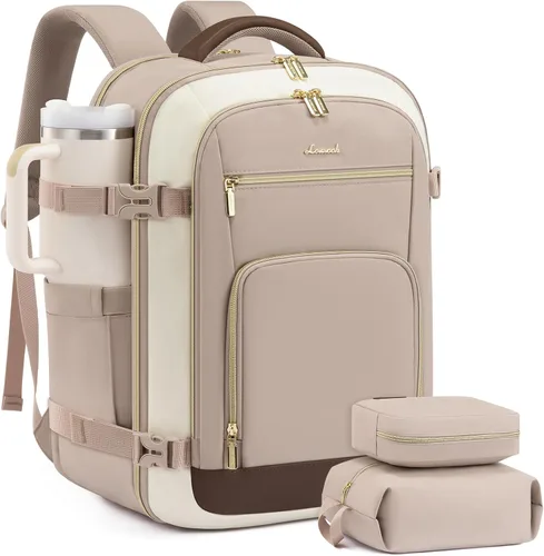 Vista 23 de LOVEVOOK Mochila de viaje para mujer y hombre, Beige, Mochilas de viaje