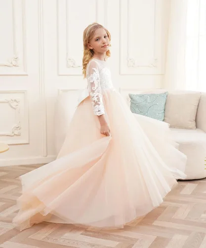 Vista 4 de Vestido de princesa de manga larga con encaje de marfil blanco para niña de flores, vestido de desfile GZY202 Color: como el de la imagen.