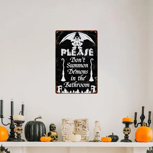 Vista 5 de Letrero de metal vintage de Halloween con texto en inglés "Please Do Not Summon Demons in the Bath" (Por favor, no convocar demonios en el baño)