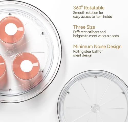 Vista 4 de LAMU Paquete de 3 organizadores Lazy Susan, tocadiscos transparentes Lazy Susan para gabinete, organizador de especias para despensa, refrigerador