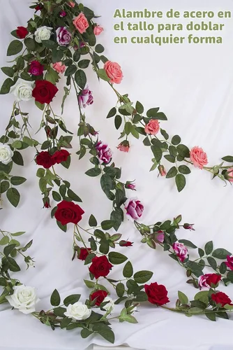 Vista 7 de Guirnalda de rosas artificiales de 6 pies de largo, enredadera aterciopelada para arco de boda, telón de fondo, decoración del hogar, corona (fucsia)