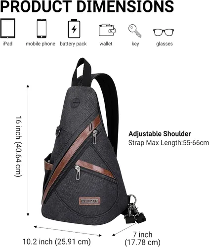 Vista 6 de WITZMAN Bolso bandolera de lona para hombres y mujeres, mochila convertible cruzada, estilo vintage, bolsa de pecho de viaje casual (A8003, negro)
