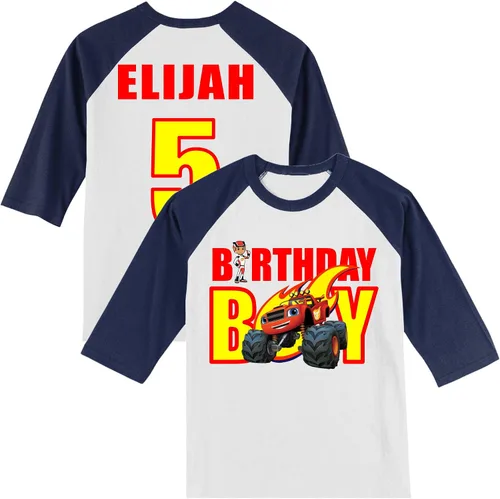 Vista 2 de Urban Smart Camiseta personalizada de cumpleaños Blaze Monster Truck Monster Truck Personalizada con nombre y edad Camiseta raglán unisex