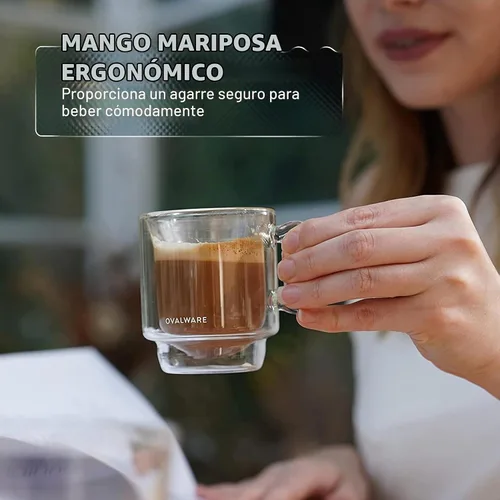 Vista 5 de ovalware RJ3 - Tazas de vidrio para café expreso de 4 onzas (juego de 4) de doble pared con mango de mariposa maciza, elegante taza de café espresso