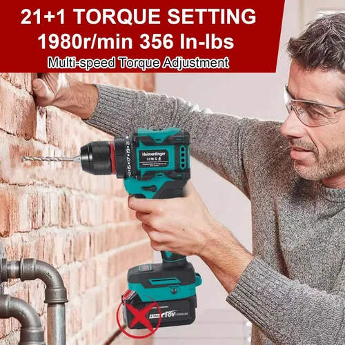 Vista 3 de Taladro inalámbrico de 354 en libras para batería Makita de 18 V, portabrocas sin llave de 3/8 pulgadas, 21+1 ajustes de par, 1980 RPM, luz LED