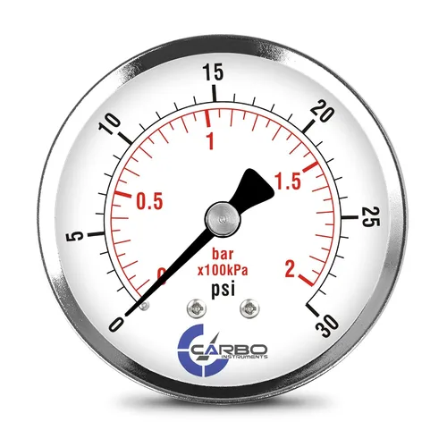Vista 13 de Medidor de presión de 2-1/2 pulgadas, carcasa de acero cromado, seco, vacío -30 Hg/0, montaje trasero 1/4 pulg. NPT
