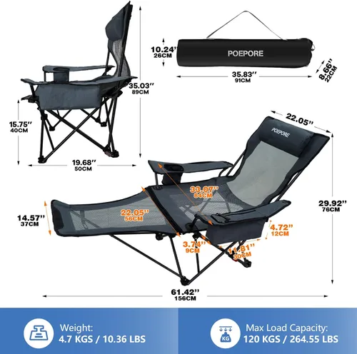 Vista 2 de Paquete de 2 sillas reclinables de camping de 4 posiciones con reposapiés, cómoda para adultos, silla de playa plegable de malla de 265 libras