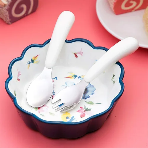Vista 7 de Kirecoo Juego de 2 utensilios para niños pequeños, tenedores y cucharas para niños, juego de cubiertos de acero inoxidable para niños, cubiertos