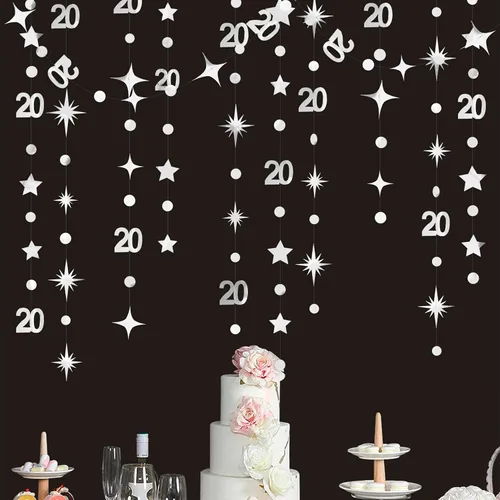 Vista 9 de Decoraciones negras de 20 cumpleaños número 20 círculo estrella metálica colgante serpentina telón de fondo para mujeres y hombres saludos a 20 años