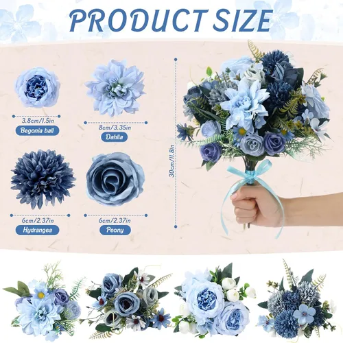 Vista 3 de Zeyune 24 paquetes de flores artificiales azules a granel ramo de seda