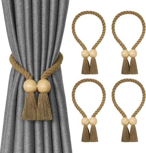 Vista 10 de NICEEC 2 Pack de Alzapaños Magnéticos de Madera en Forma de Cubo Boho para Decoración del Hogar, Alzapaños de Lino Tejidos a Mano para Cortinas Beige