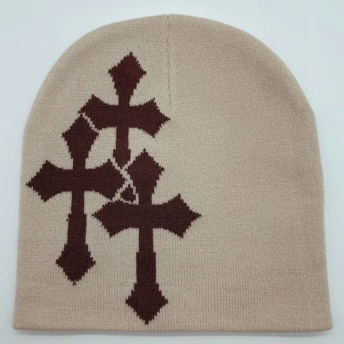 Vista 5 de Y2K Gorro de punto con gráficos cruzados para hombres y mujeres, jacquard, punk, color sólido, sombrero de tendencia para deportes al aire libre
