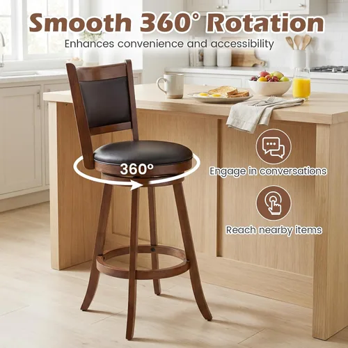 Vista 6 de COSTWAY Juego de 2 taburetes de bar, giratorios de 360 grados, taburete giratorio de madera con acento de altura, diseño tapizado de cuero, asiento