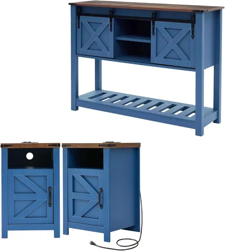 Vista 13 de Mesa de entrada de granja con puertas corredizas de granero, mesa consola de madera con estante de almacenamiento, mesa de sofá rústica para sala