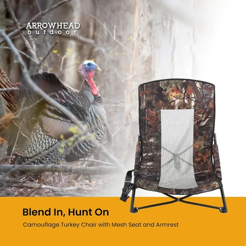 Vista 4 de ARROWHEAD OUTDOOR Silla ciega plegable portátil de caza de pavos con reposabrazos acolchado, pies sin hundimiento y correa para el hombro, Camuflaje