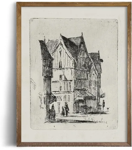 Vista 6 de Dibujo de Edificios de Ciudad en Estilo Rústico en Gris - Grabado de Arquitectura Urbana en Poster - Arte de Pared Vintage de Granja - Bosquejo Gris