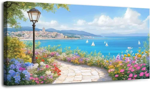 Vista 15 de Arte de pared costero vintage de 30 x 60 pulgadas, paisaje de ventana, granja, paisaje, naturaleza, pintura cálida, impresión sobre lienzo, arte