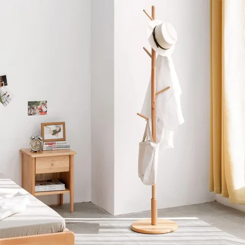 Vista 5 de Perchero independiente de bambú con base estable, 3 opciones de altura y 8 ganchos, soporte de madera para colgar la ropa, bolsas/sombreros