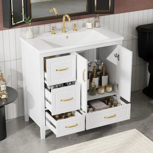 Vista 17 de Harper & Bright Designs Tocador de baño de 24 pulgadas con lavabo, tocador de lavabo individual independiente con una puerta y 3 cajones de cierre